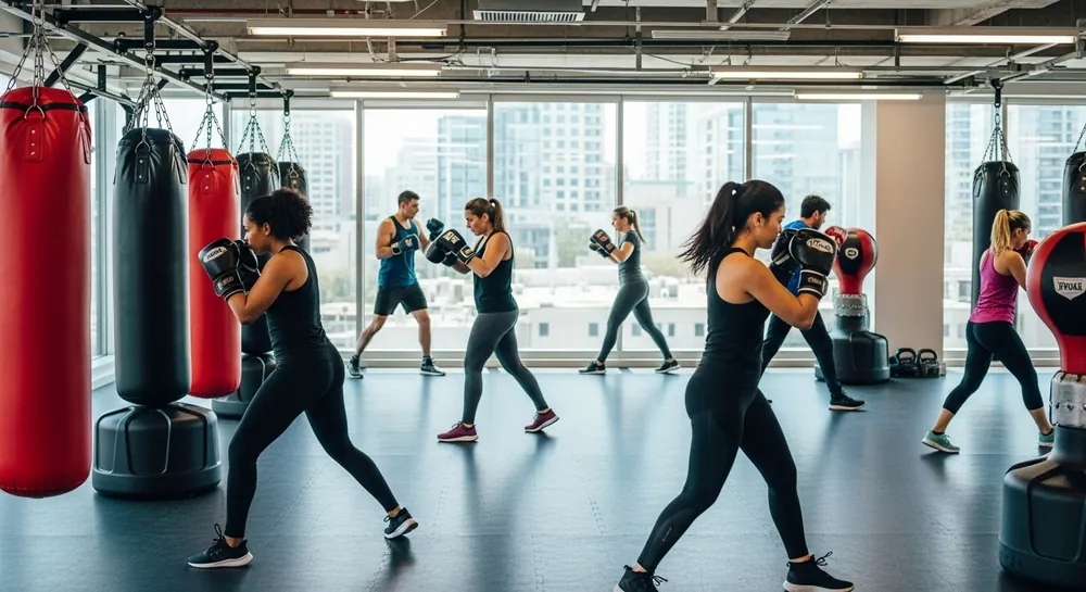 High-energy group boxing class working heavy bags at ROBO Gym