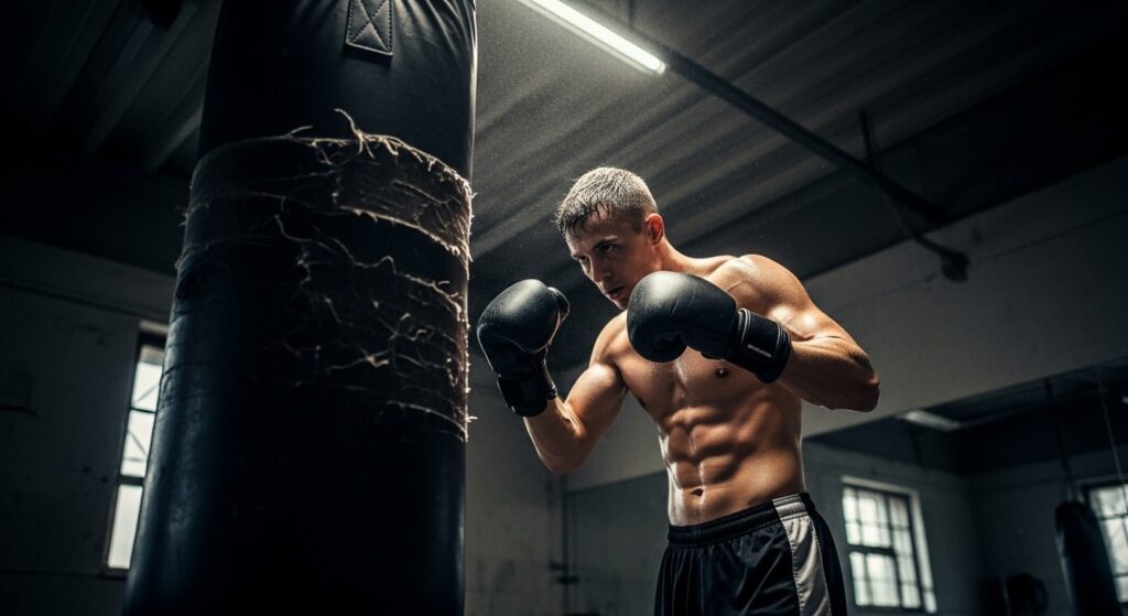 A focused boxer with glistening sweat prepares for intense boxing workouts in a gritty gym, captured from a low angle as they stand ready to punch a worn heavy bag under a dramatic spotlight. A focused boxer with glistening sweat prepares for intense boxing workouts in a gritty gym, captured from a low angle as they stand ready to punch a worn heavy bag under a dramatic spotlight.