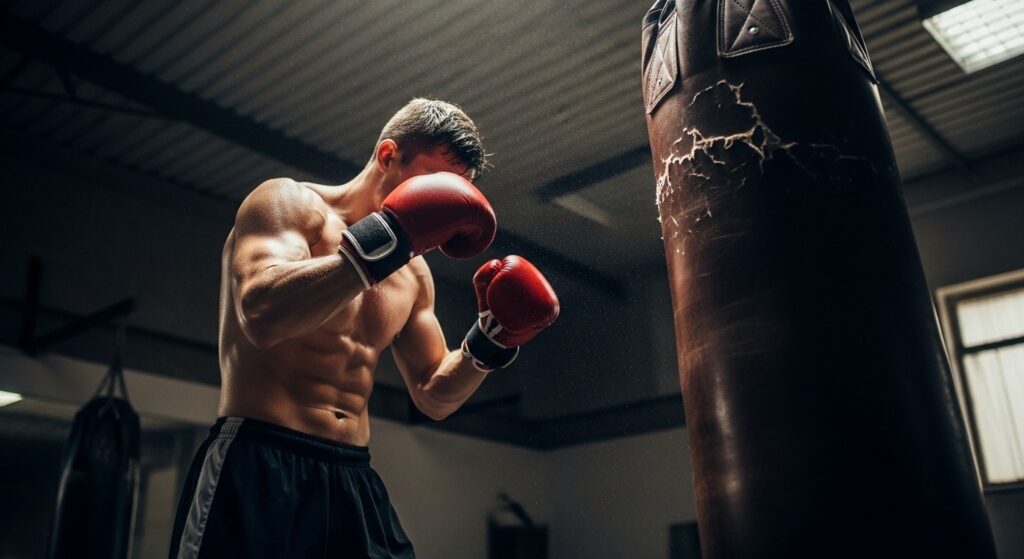 A focused boxer with glistening sweat prepares for intense boxing workouts in a gritty gym, captured from a low angle as they stand ready to punch a worn heavy bag under a dramatic spotlight.