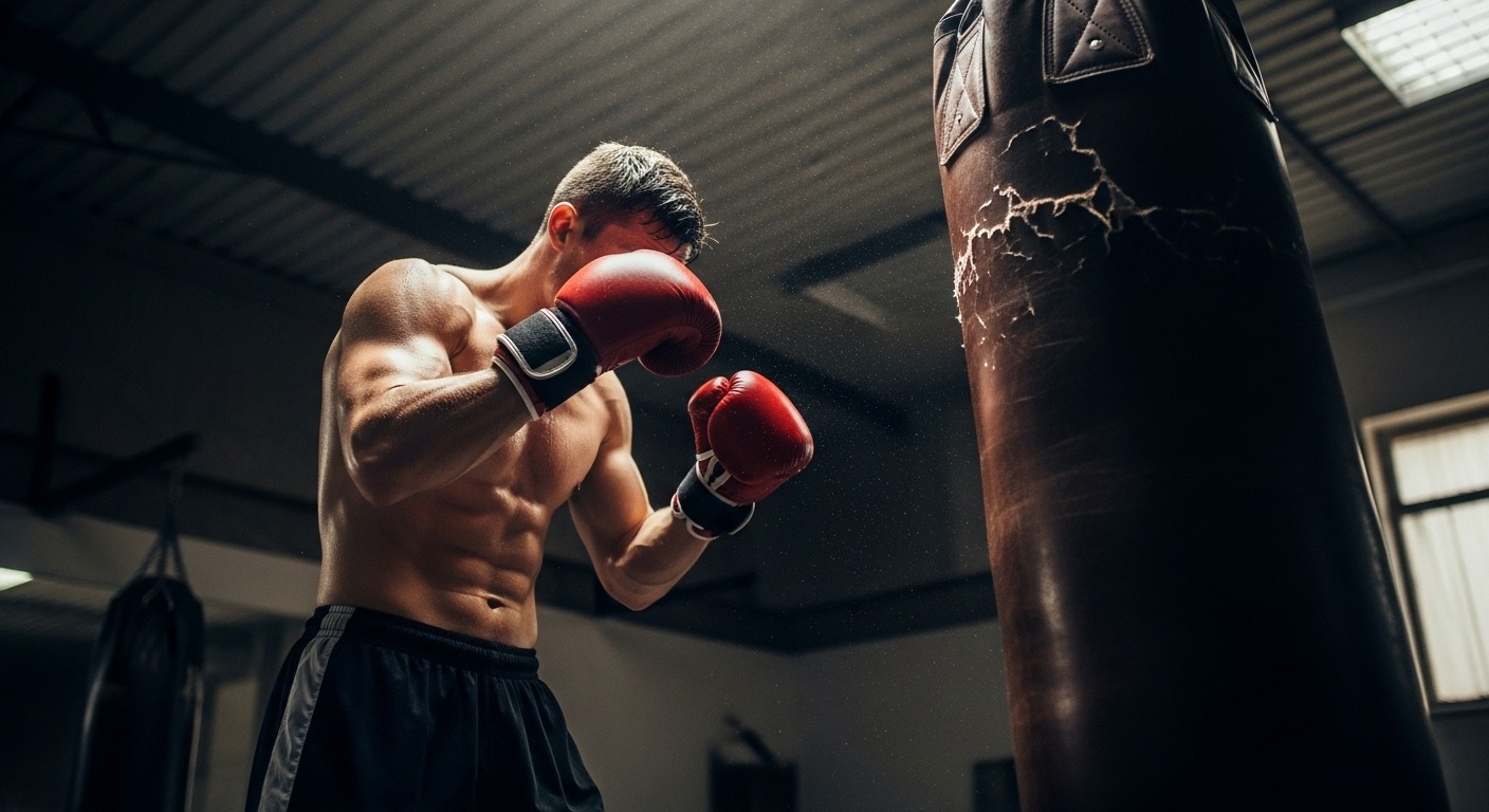 A focused boxer with glistening sweat prepares for intense boxing workouts in a gritty gym, captured from a low angle as they stand ready to punch a worn heavy bag under a dramatic spotlight.
