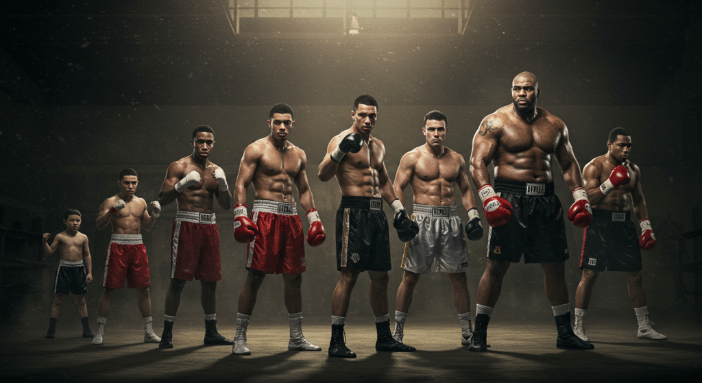 Lineup of boxers from different weight classes, from featherweight to heavyweight, posed in a dimly lit boxing gym. Each fighter has a distinct body type, wearing classic boxing gear, with warm lighting, gritty shadows, and visible labels showing weight divisions.