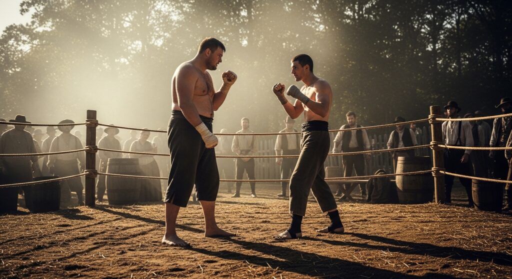 Early bare-knuckle boxing scene illustrating the lack of formal Boxing Categories by Weight, with mismatched fighters in a makeshift rope ring during the 19th century