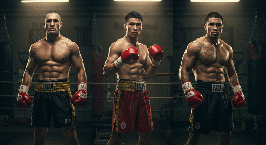Three boxers with different body types—tall and lean, compact, and muscular—standing side by side in a dimly lit boxing gym, illustrating physique variation within the same weight class.
