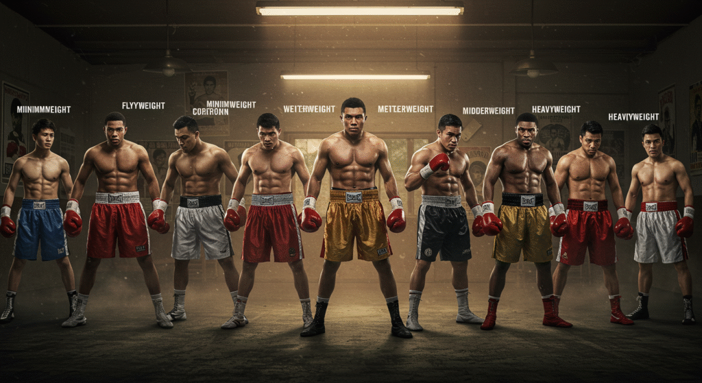 Seventeen boxers of varying sizes lined up from minimumweight to heavyweight in a classic boxing gym, representing each official weight division.