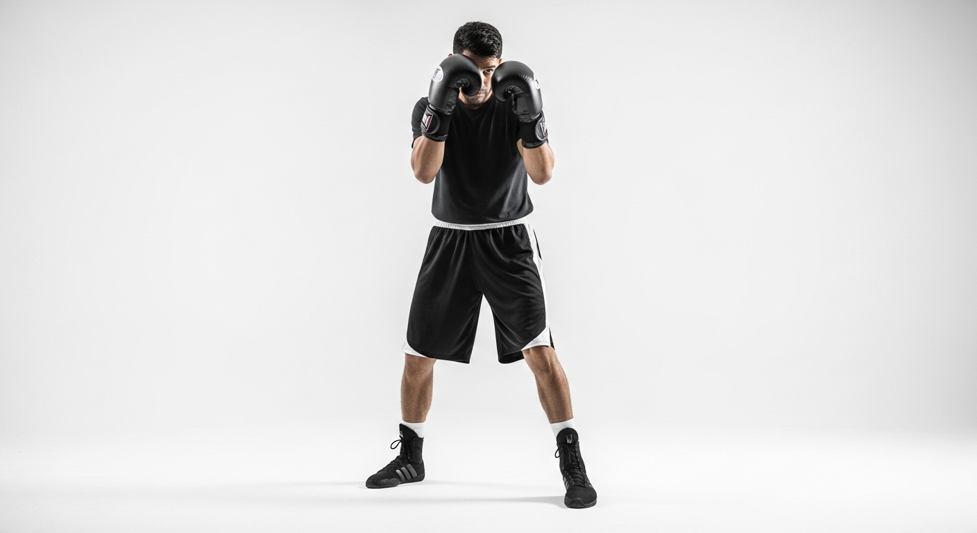 A boxer demonstrating the correct stance and guard for boxing workouts, emphasizing proper form and technique.