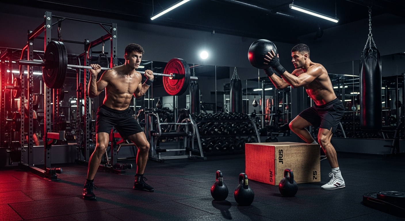 Boxer doing strength and conditioning workouts like squats and medicine ball throws to improve punch power