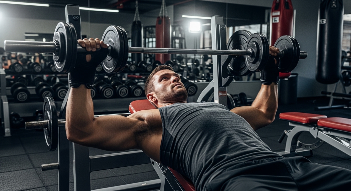 Boxer doing bench press to build chest and shoulder power for stronger punches