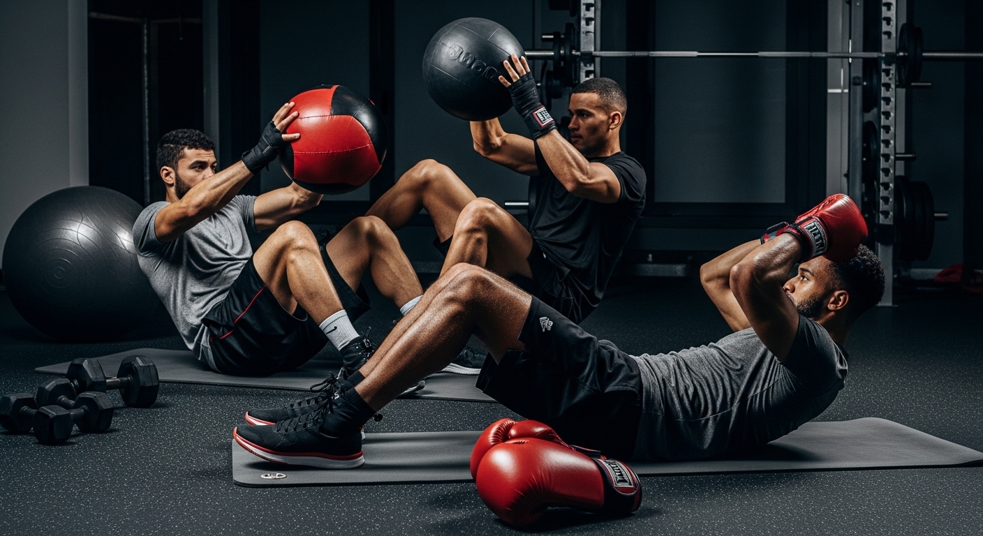 Boxer performing core strength exercises with a medicine ball and stability training for boxing workouts.