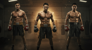 Three boxers with different natural physiques—tall and lean, compact and muscular, and medium build—standing side by side in a dimly lit boxing gym, illustrating how fighters choose weight divisions based on their body types.