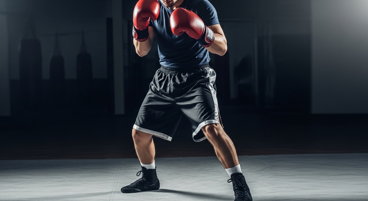 A focused boxer demonstrates a fundamental boxing stance, a key component of effective boxing workouts, with feet shoulder-width apart, knees bent, and hands in a defensive guard position.