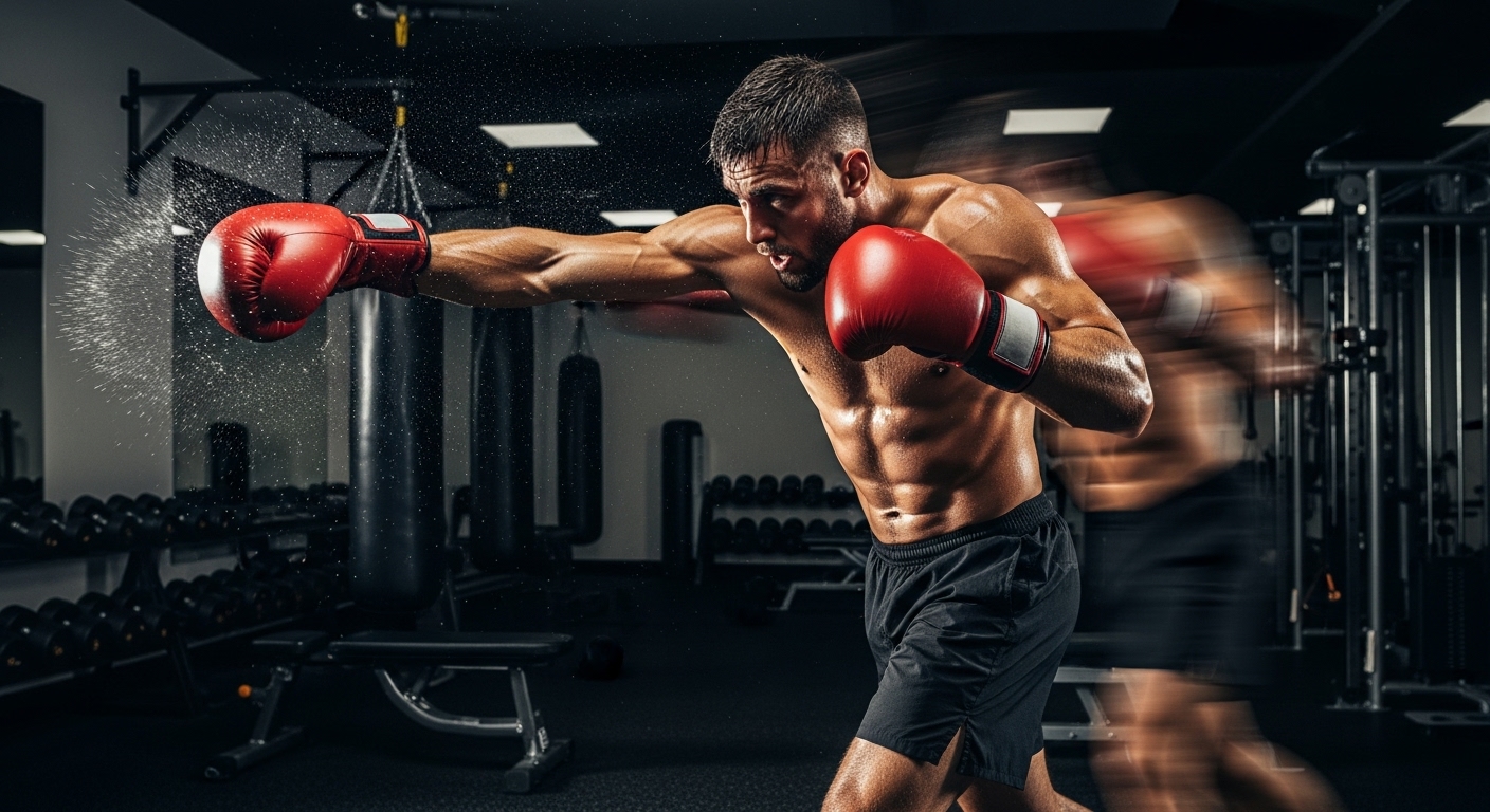 Boxer throwing a powerful punch during boxing workouts to improve punch impact