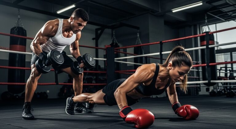 Boxers performing strength training exercises in a boxing gym as part of ultimate boxing workouts.