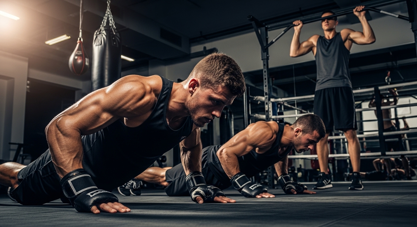 Boxers performing upper body strength exercises like push-ups and pull-ups in a gym to build punching power.
