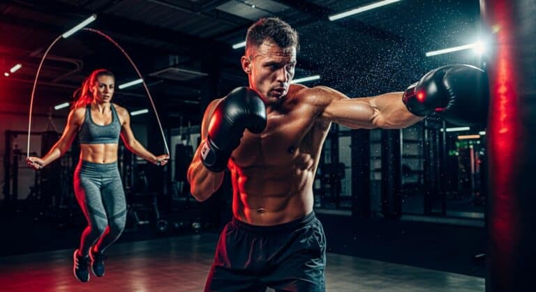 Boxers performing cardio boxing workouts including heavy bag training and jump rope for endurance and stamina.