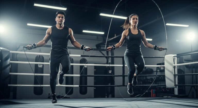 Boxers improving footwork with jump rope boxing workouts in a gym