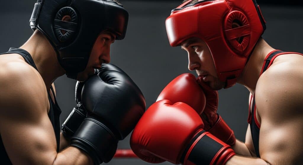 Two boxers in black and red headgear and gloves, facing each other intently during a close-up sparring moment.
