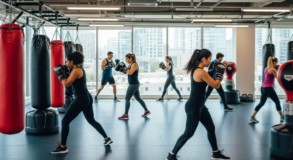 Diverse group of people hitting heavy punching bags in a bright, modern gym with large windows.
