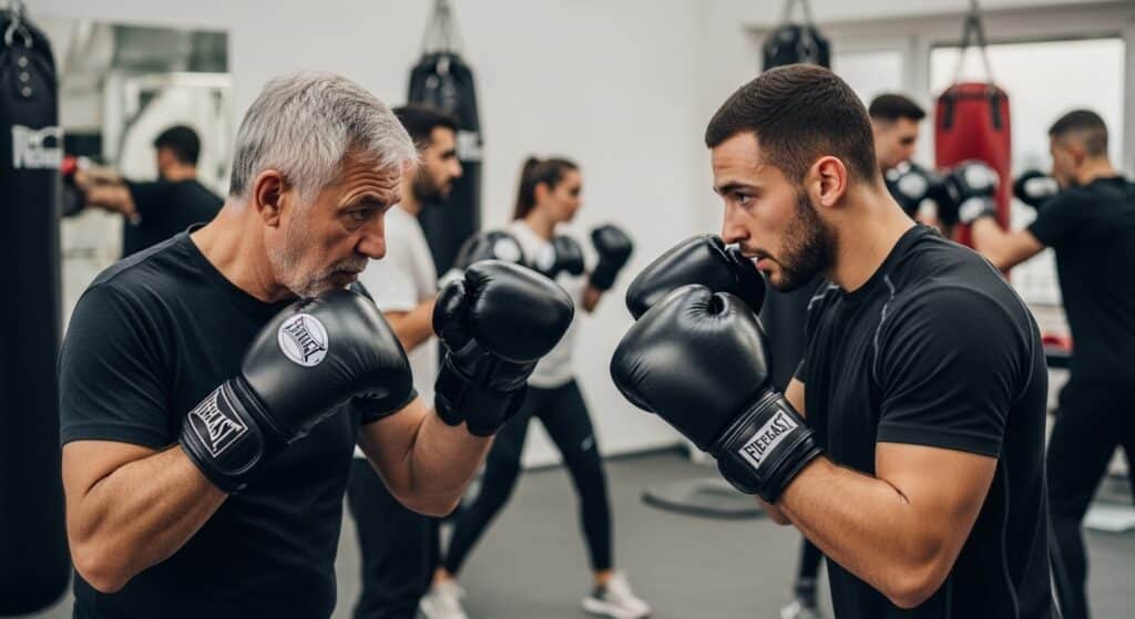 An older male boxer with gray hair and a younger male boxer facing each other intently, both wearing white training gloves, during a gym workout.

