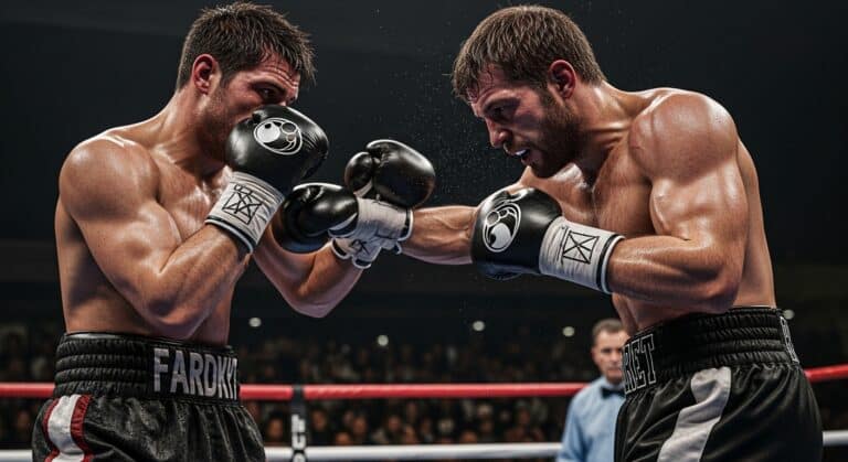 Two sweaty, intense boxers, one in red shorts and one in blue, exchanging punches in the center of a professional ring under dramatic overhead stadium lights.