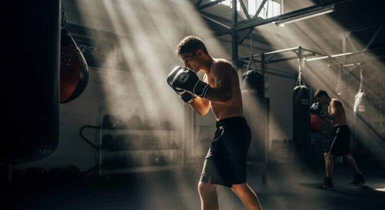 Two boxers training in a dimly lit gym, with strong light shafts illuminating a heavy punching bag in the foreground.