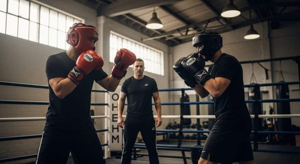 Two boxers in red and black headgear and gloves sparring in a boxing ring, with a coach observing in the background of a dim gym.

