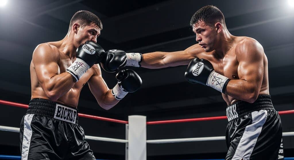 Two powerful, muscular boxers in mid-action, exchanging punches in a professional ring under dramatic lighting.
