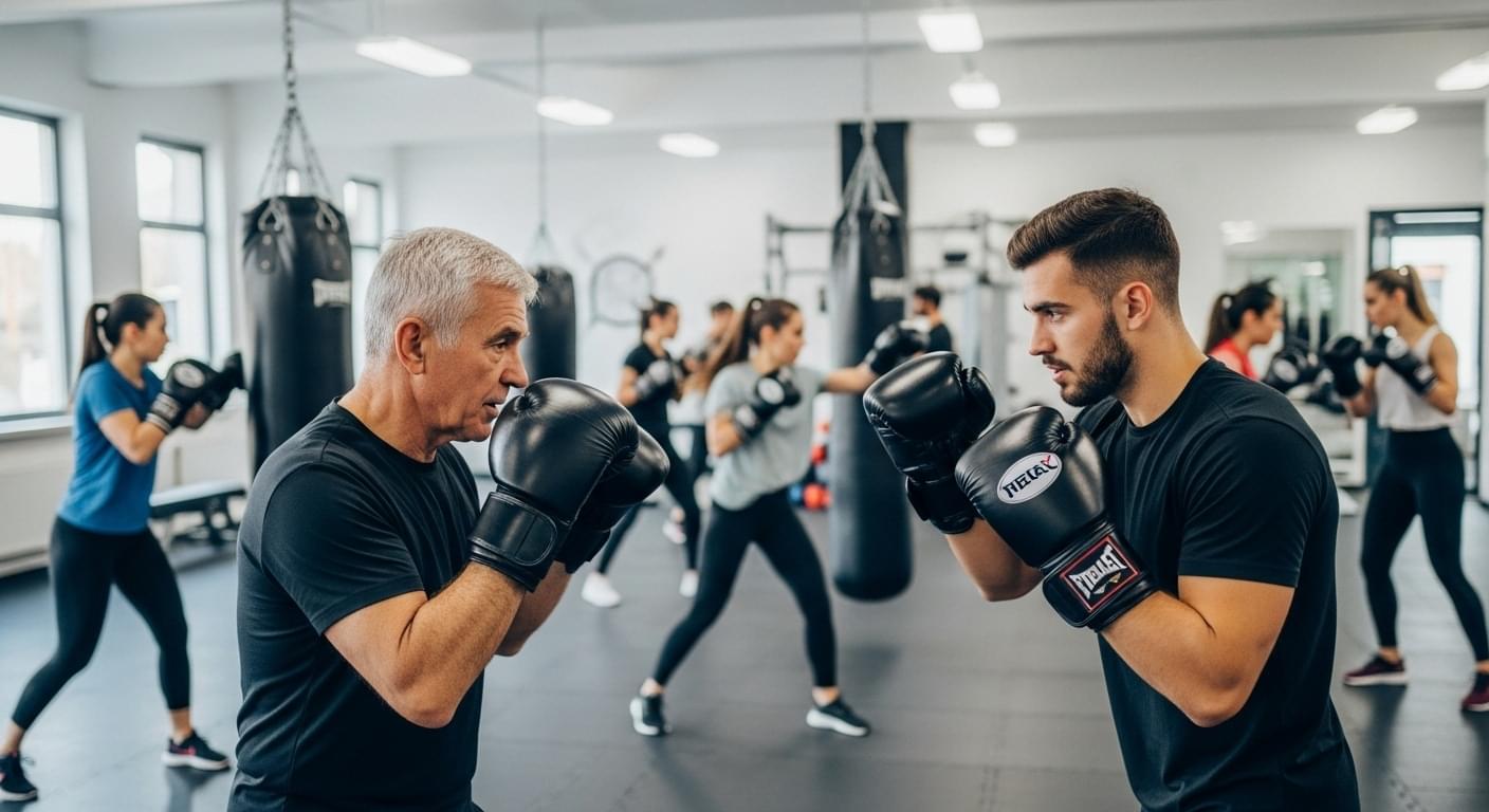An older man and a younger man in black boxing gloves facing each other intently, with other people working out in a bright gym background.